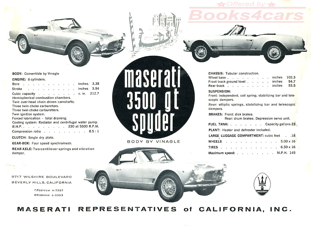 Maserati 3500 GT Spyder Body by Vignale Specification Sheet