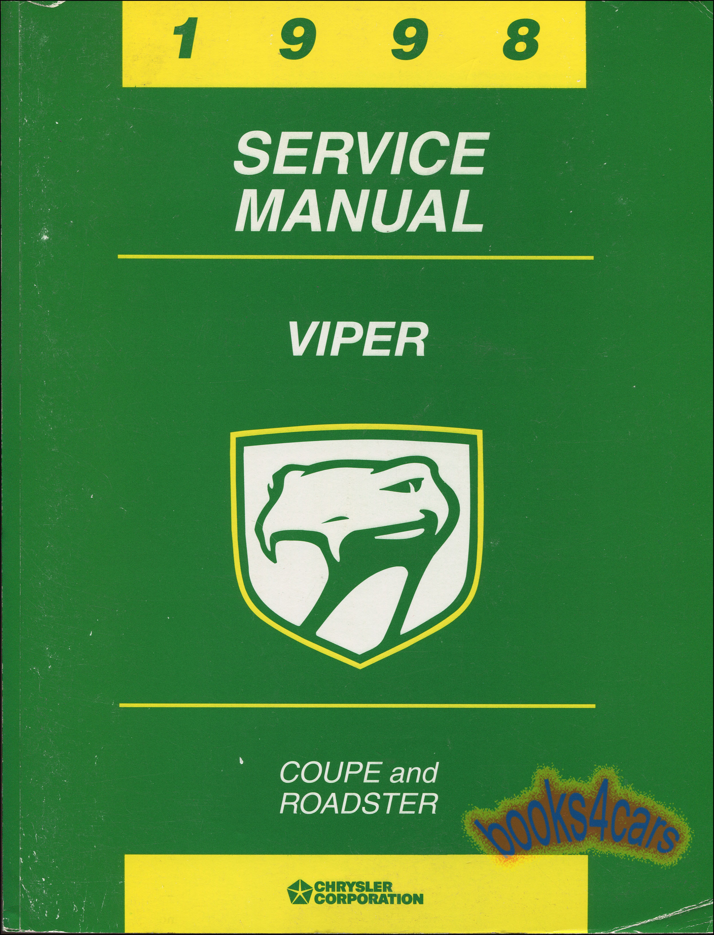 REAL BOOK over 500 page Factory Shop Service Repair Manual for 1998 Dodge Viper Coupe & Roadster with Service & Repair Procedures for Engine Transmission ...